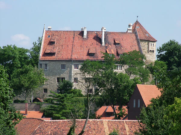 Die Burg "Hornburg" mit Palas und Bergfried. Im Vordergrund Dachansichten der historischen Altstadt